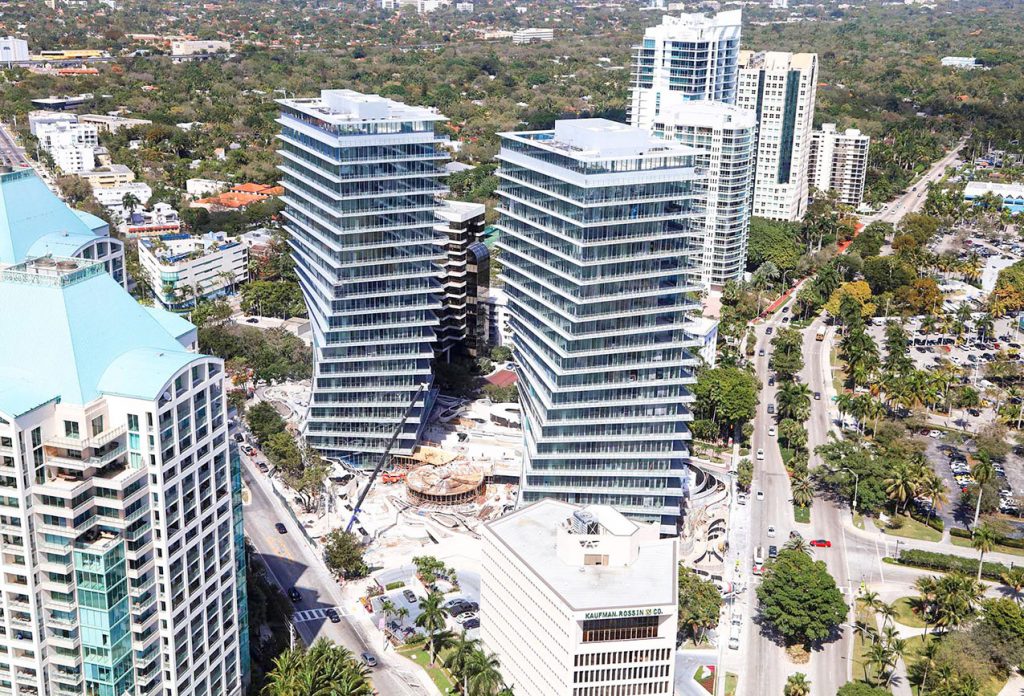 Aerial view of the completed Grove at Grand Bay towers. Photo courtesy of DeSimone Consulting Engineers, Miami, FL/Facchina Construction of Florida, LLC, Miami, FL